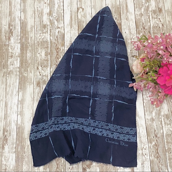 Vintage Christian Dior Navy Printed Raw Hem Scarf - Picture 1 of 10